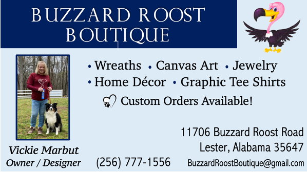 Buzzard Roost Boutique ad with logo, product list, owner photo, address, phone, email, and website