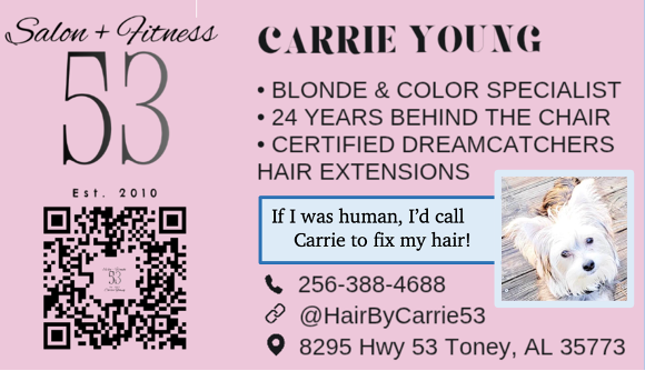 Salon & Fitness business card for Carrie Young, blonde color specialist with contact info and white dog photo