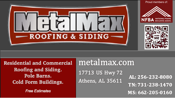 MetalMax Roofing & Siding ad with red and gray logo, service list, website, address, and phone numbers.