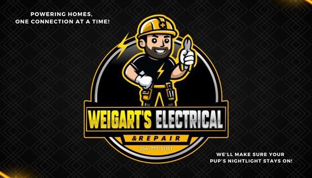Weigart’s Electrical Repair logo with a cartoon electrician holding a screwdriver on a black background