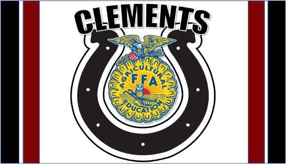 Clements FFA emblem with black horseshoe and gold-blue center on white background with red and black stripes