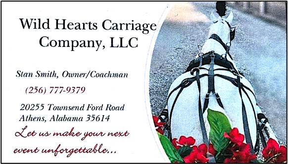 Wild Hearts Carriage Company, LLC card with white horse in harness and red roses on a snowy road