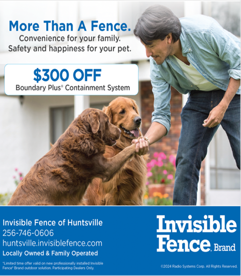 Man and dog by an invisible fence ad with $300 off Boundary Plus containment system