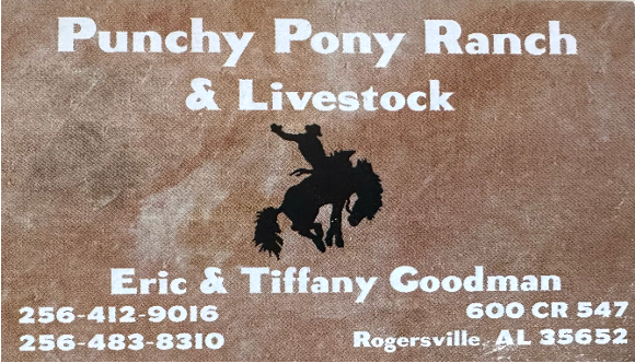 Punchy Pony Ranch & Livestock sign with cowboy silhouette, Eric and Tiffany Goodman, Rogersville, AL