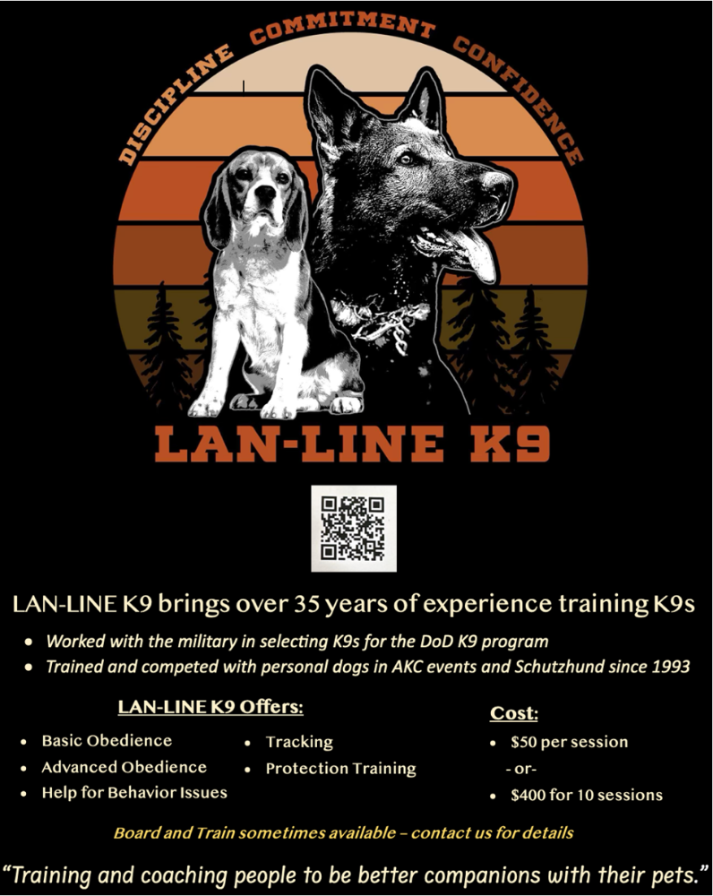 LAN-LINE K9 logo with dog and German shepherd in sunset circle, training services and contact details below