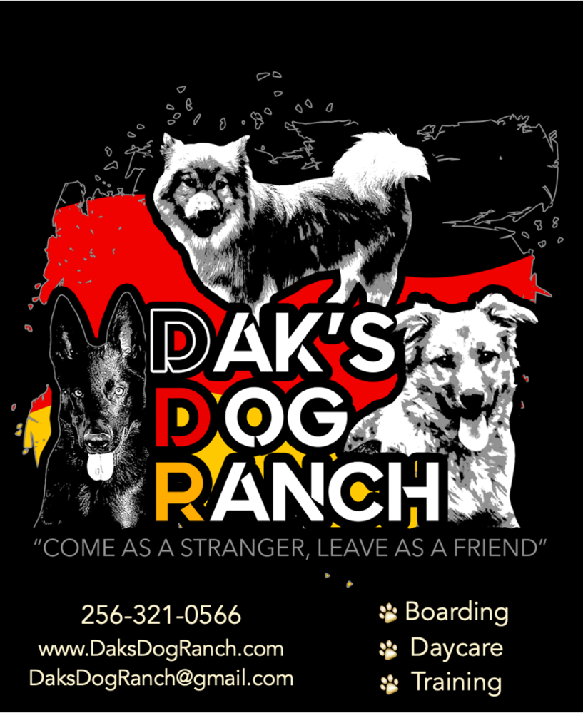 Dak’s Dog Ranch logo with dog illustrations, red-yellow-white text, and details on black background