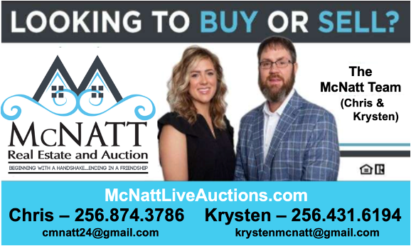 McNatt Real Estate and Auction ad with two agents, website, and phone numbers on blue background