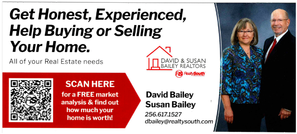 Real estate ad with QR code, red “Scan here” box, and two smiling agents beside home-logo text.