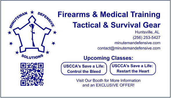 Blue-and-white firearms and medical training flyer with logo, QR code, contact info, and class dates.