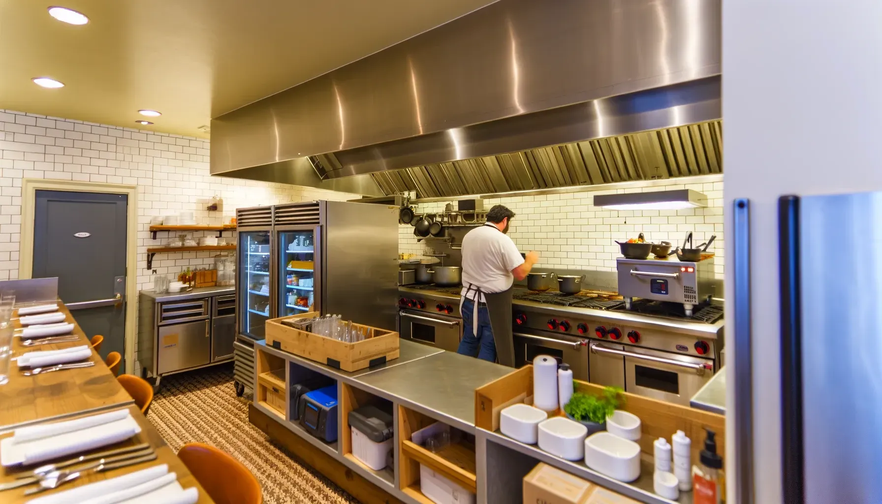 A man is standing in a kitchen preparing food.