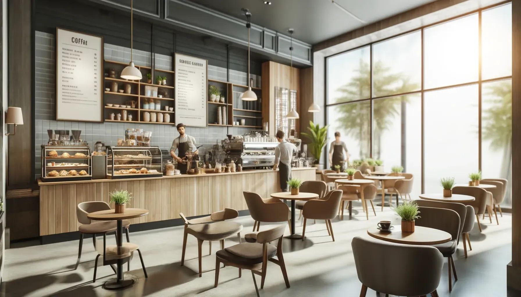 An artist 's impression of a coffee shop with tables and chairs.