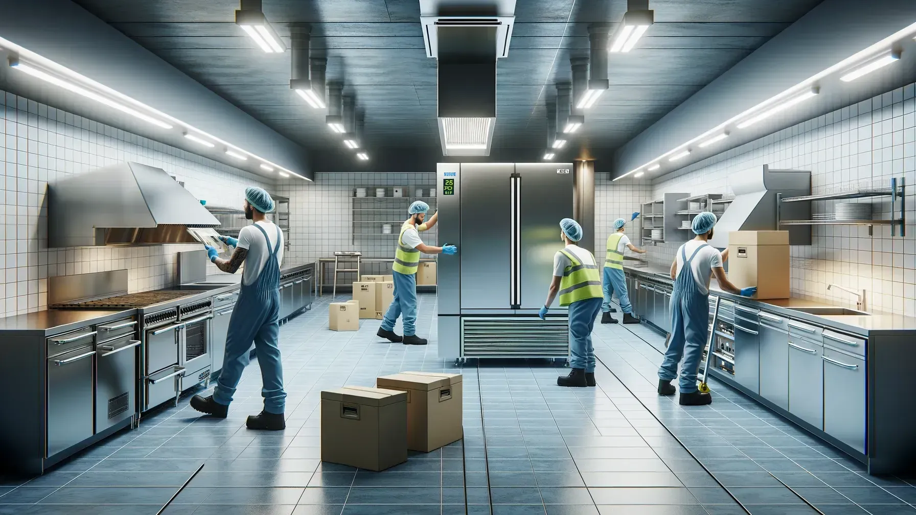 A group of men are working in a large kitchen.