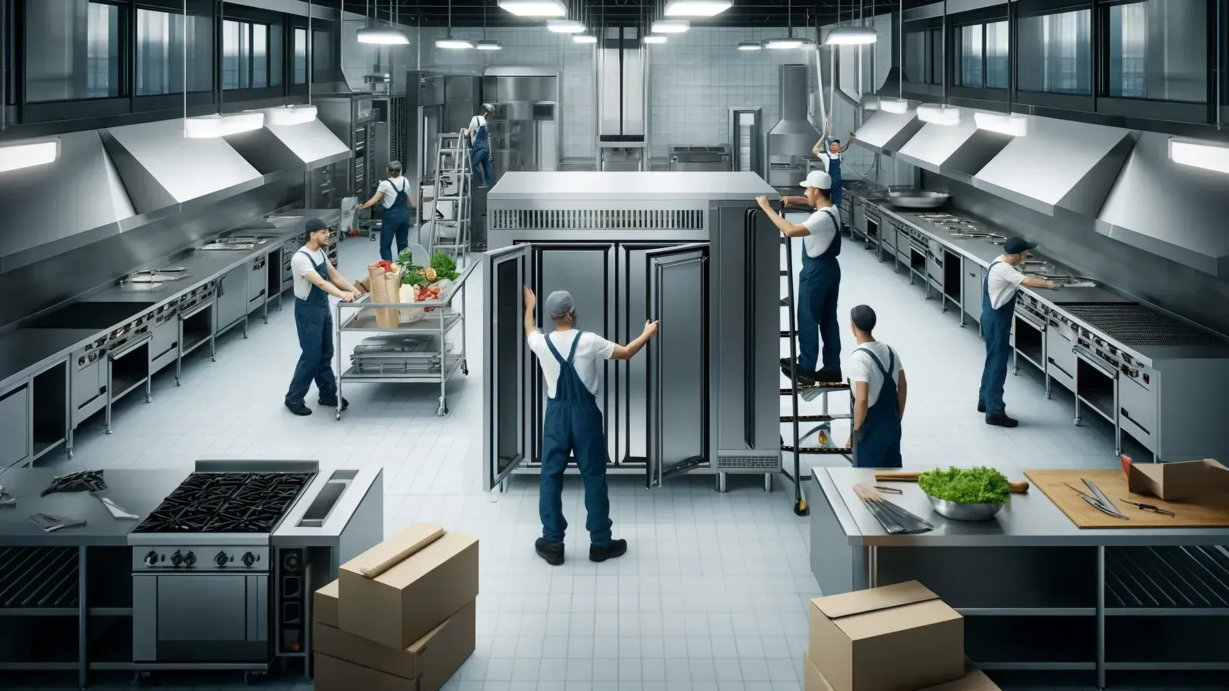 A group of men are working in a large kitchen.