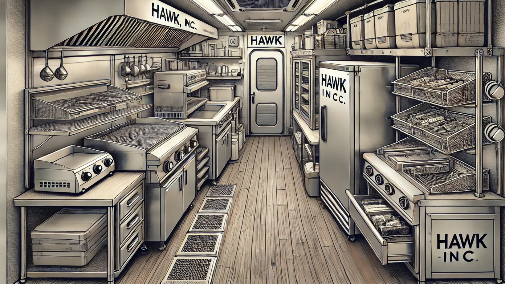 A black and white drawing of a hawk inc kitchen