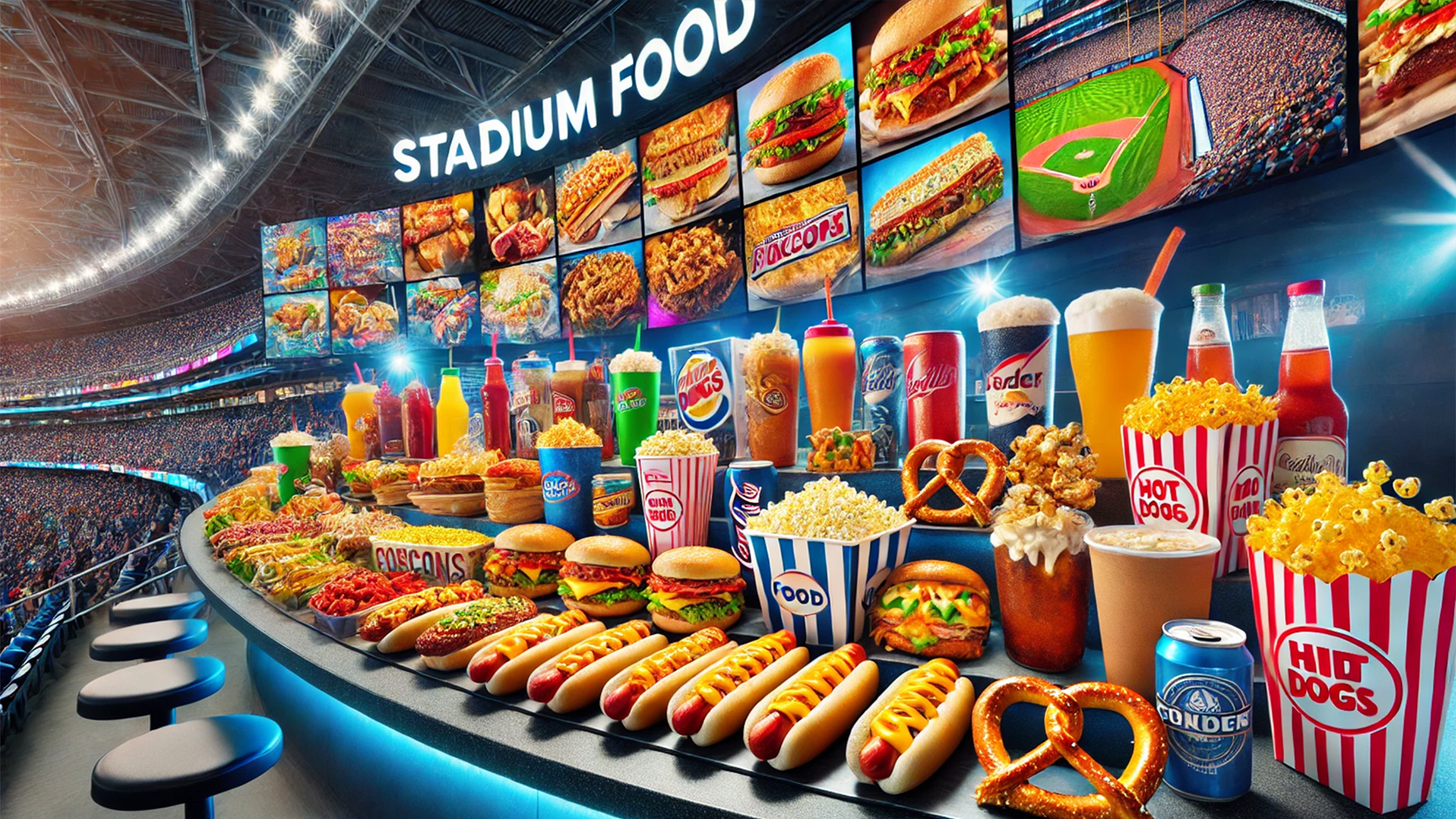 A stadium filled with lots of food and drinks.