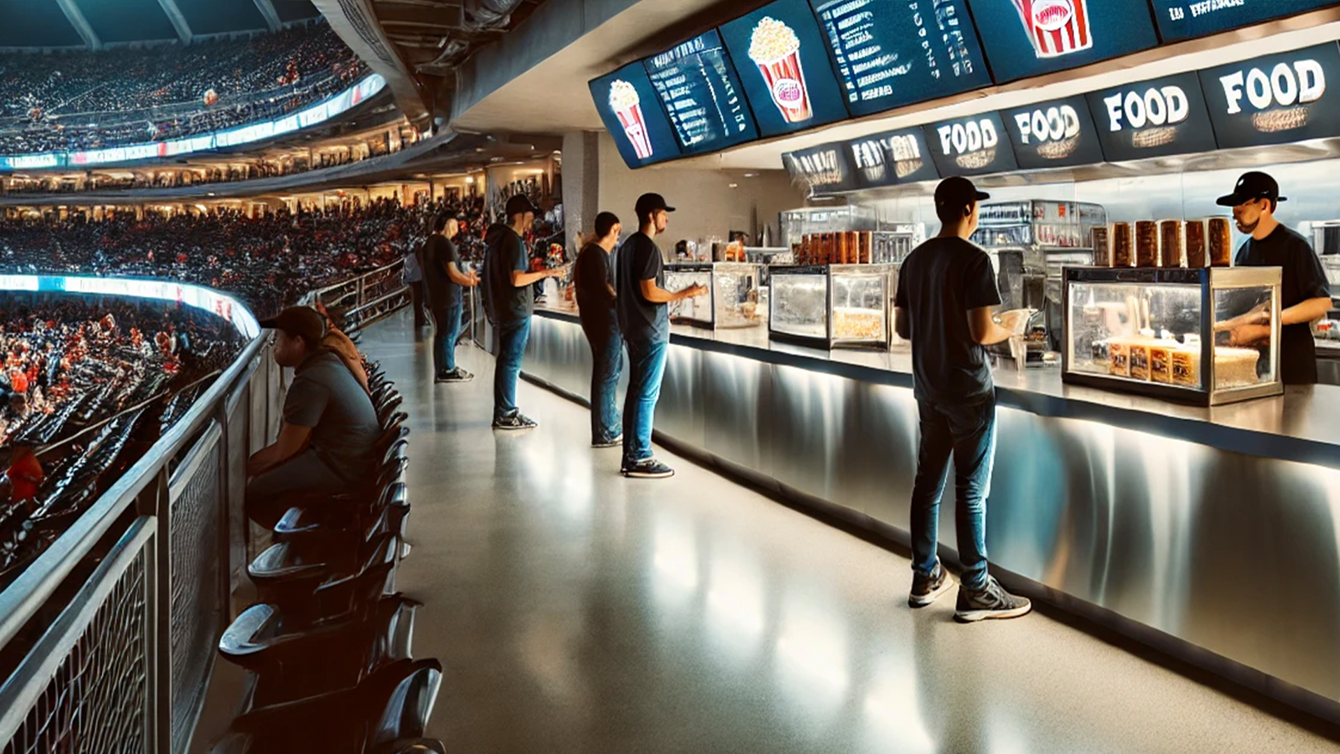 A group of people are standing at a food counter in a stadium.