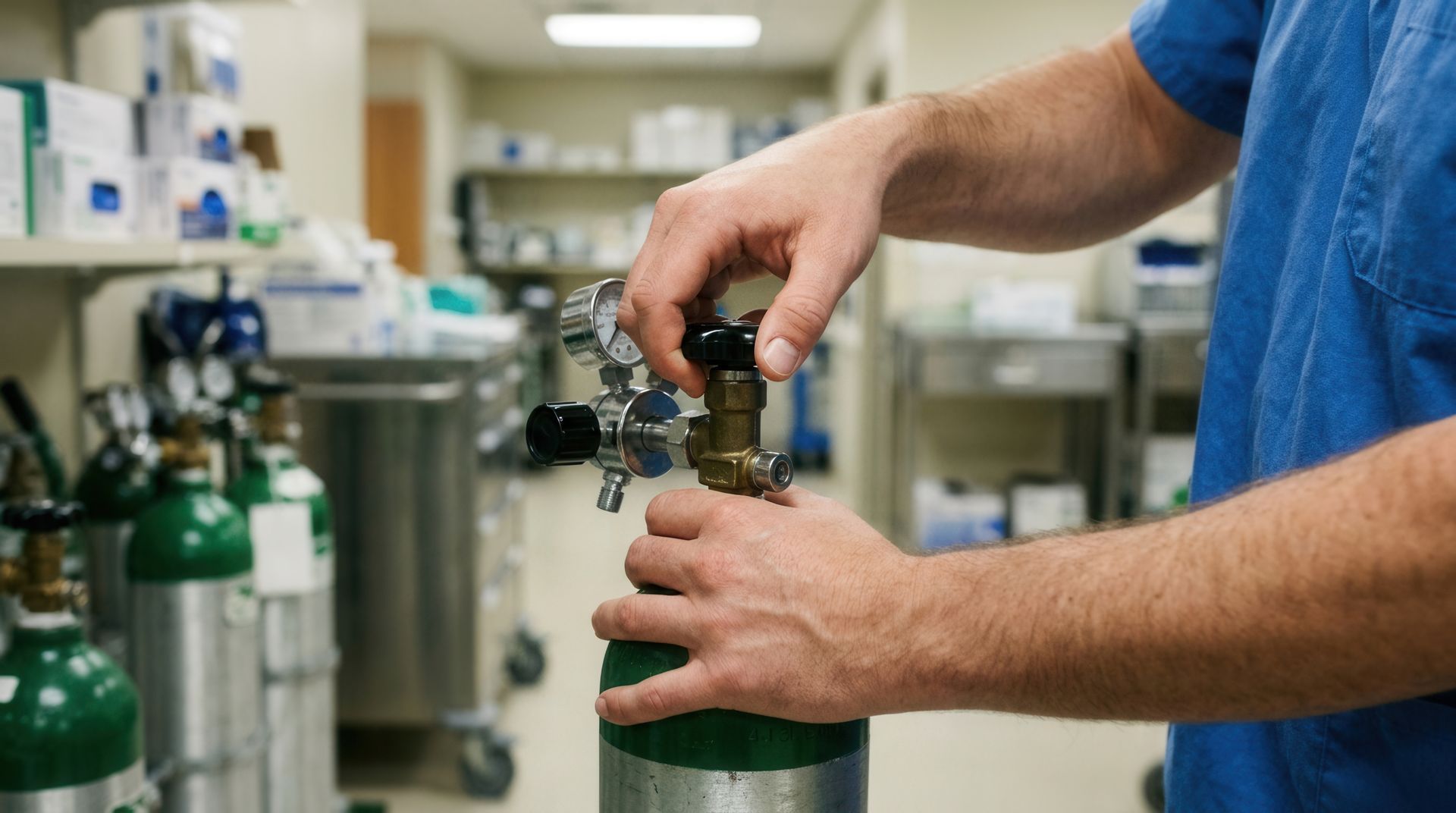 Clinician adjusts oxygen tank valve from a trusted medical rental equipment supplier.