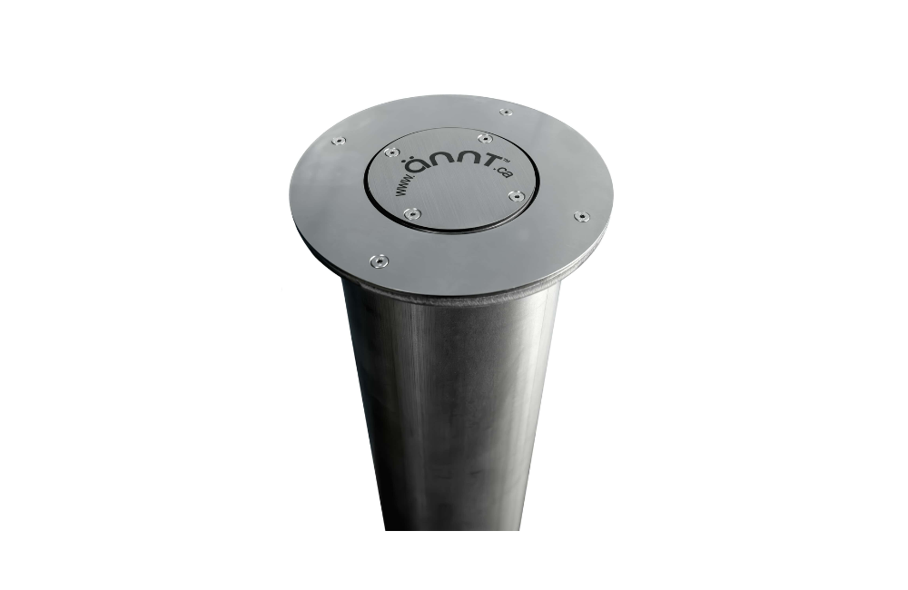 A stainless steel pole on a white background.