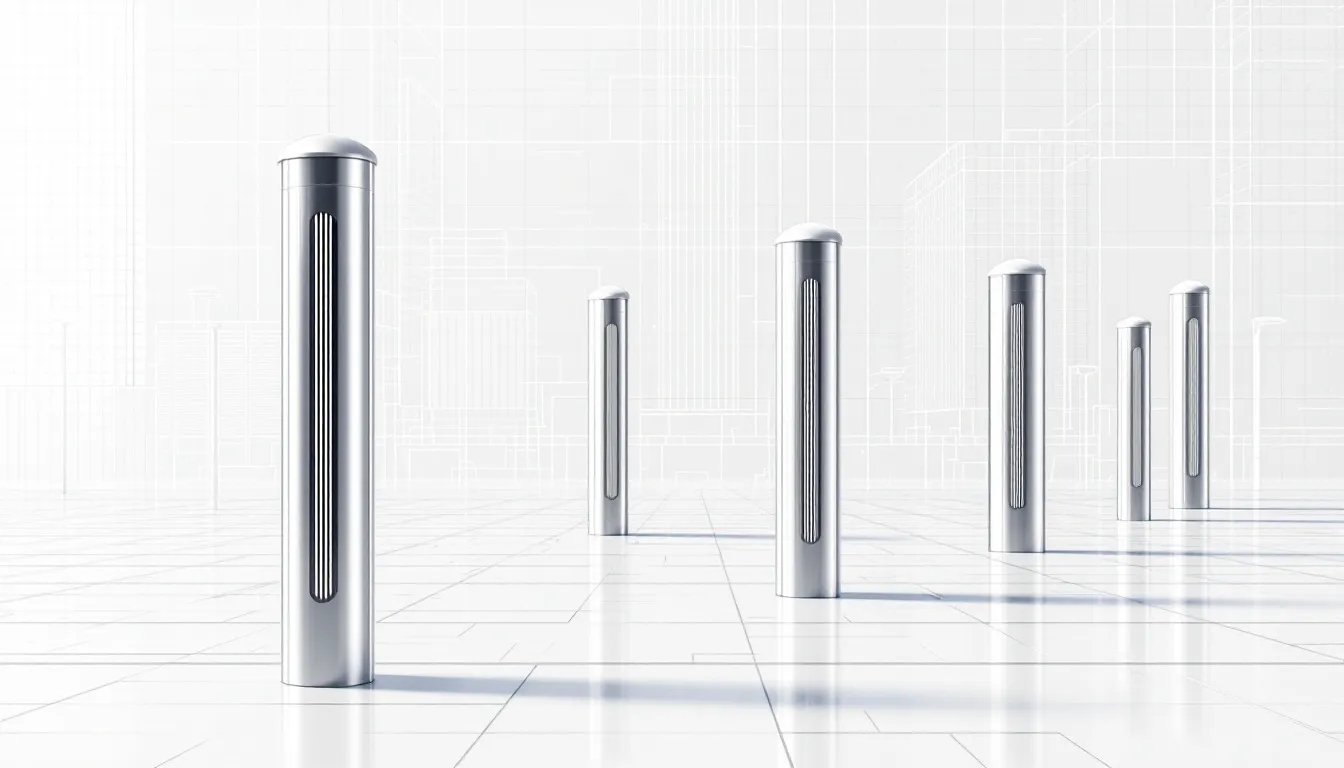A collection of weather resistant bollards in an urban setting.