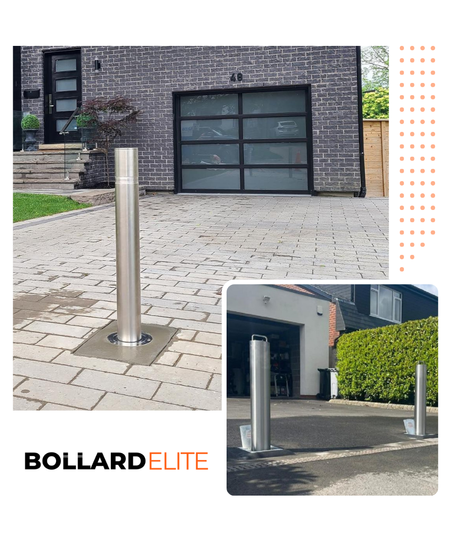 A picture of a brick house with a stainless steel bollard in front of it