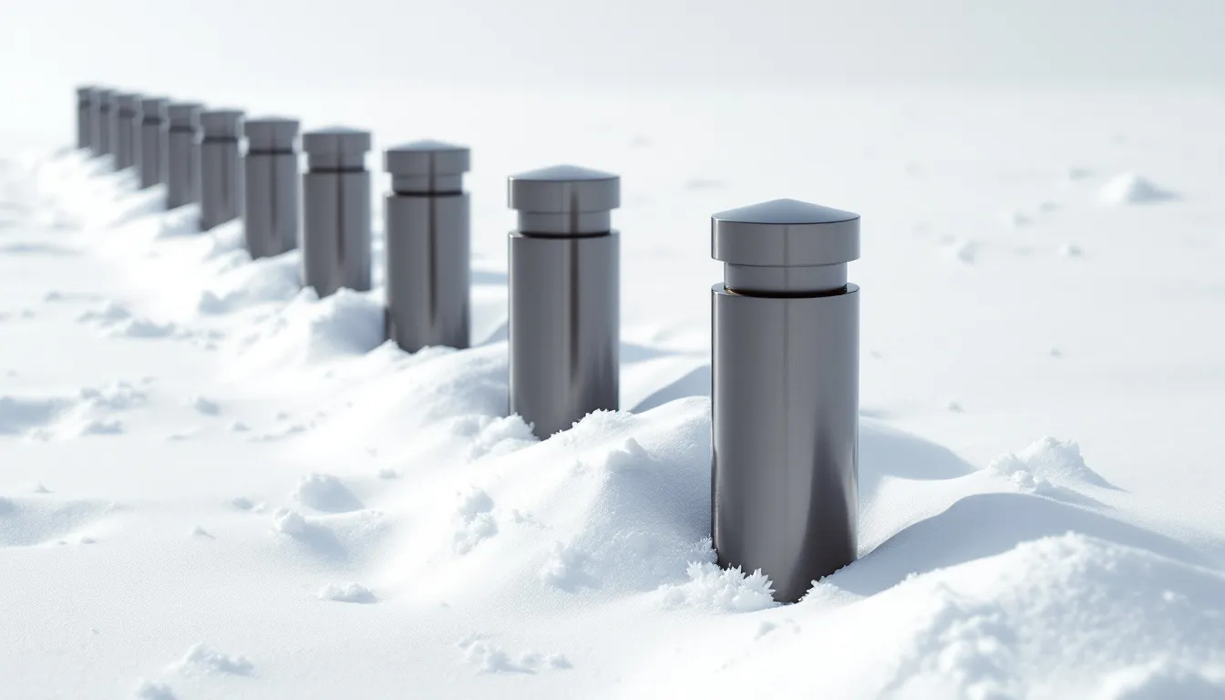 Bollards exposed to extreme winter conditions.