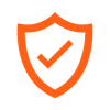 An orange shield with a check mark inside of it.