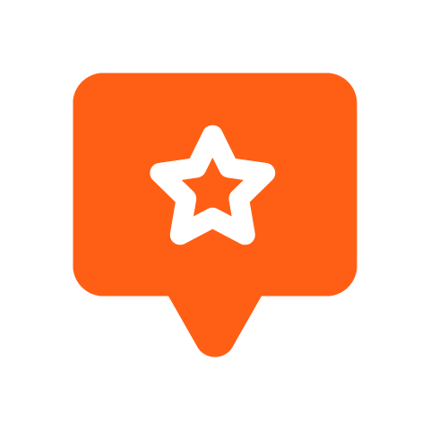 An orange speech bubble with a white star on it.