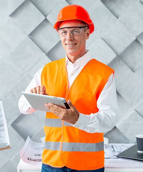 A man in an orange vest and hard hat is holding a tablet.