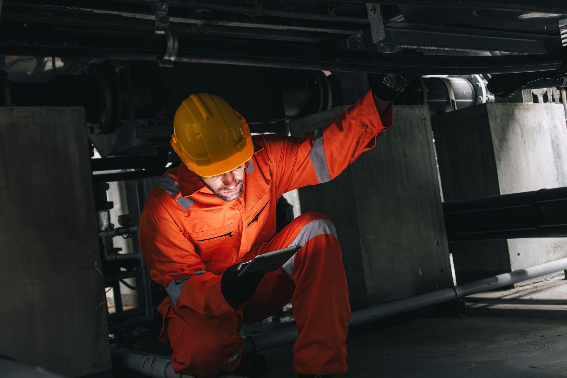 An engineer holding a tablet doing a service check of an underground water pipe tube system.