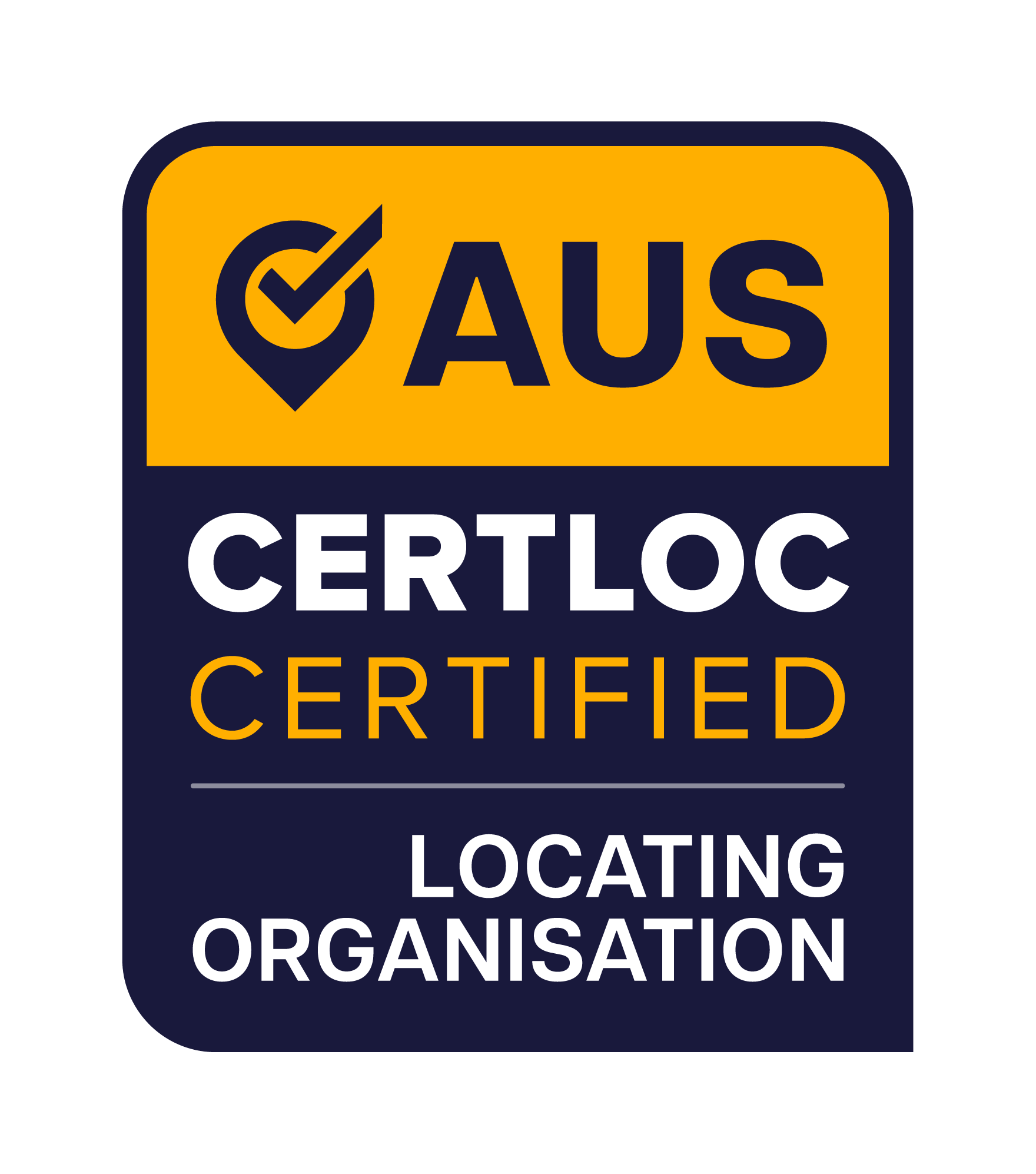 CERTLOC Certified, AUS, locating organization logo. Yellow and blue, with checkmark and location marker icons.
