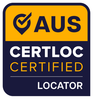 AUS Certloc Certified Locator badge with yellow and navy blue colors.
