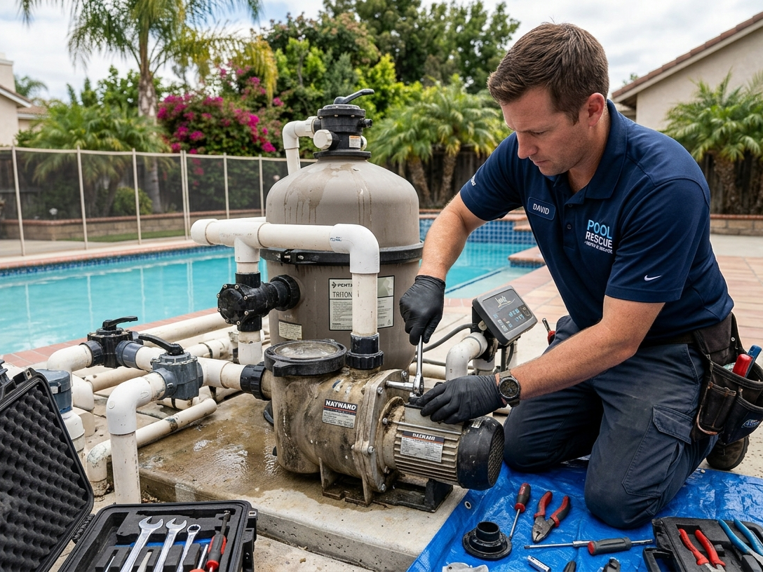 Technician repairing a pool pump and filter system.