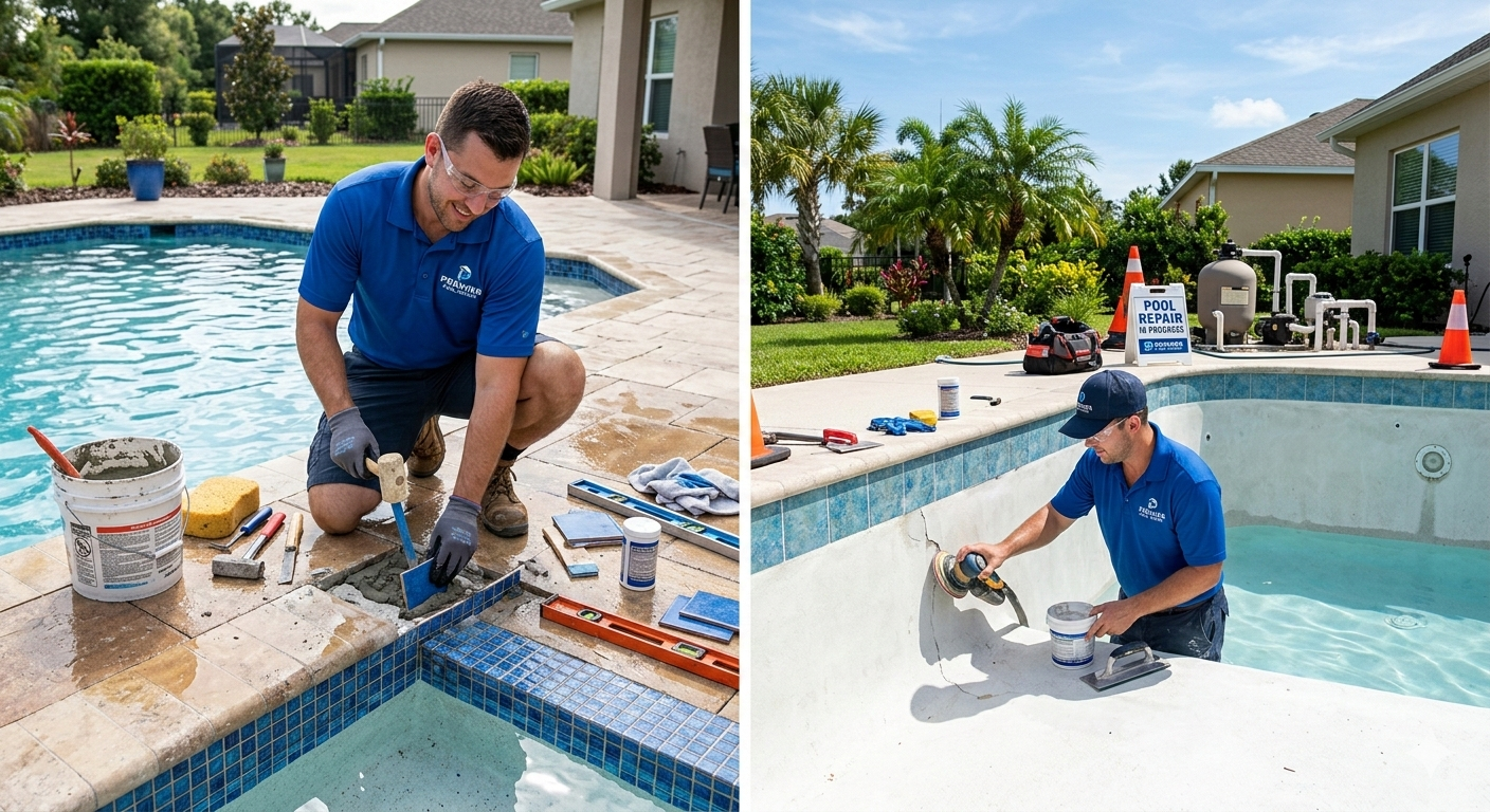 Professional pool technician repairing tile and plaster.
