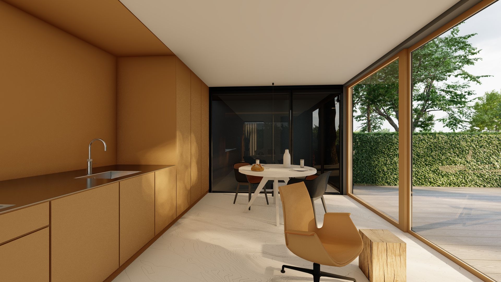 Moderne keuken/eetkamer met grote ramen, lichtbruine muren en een ronde tafel.