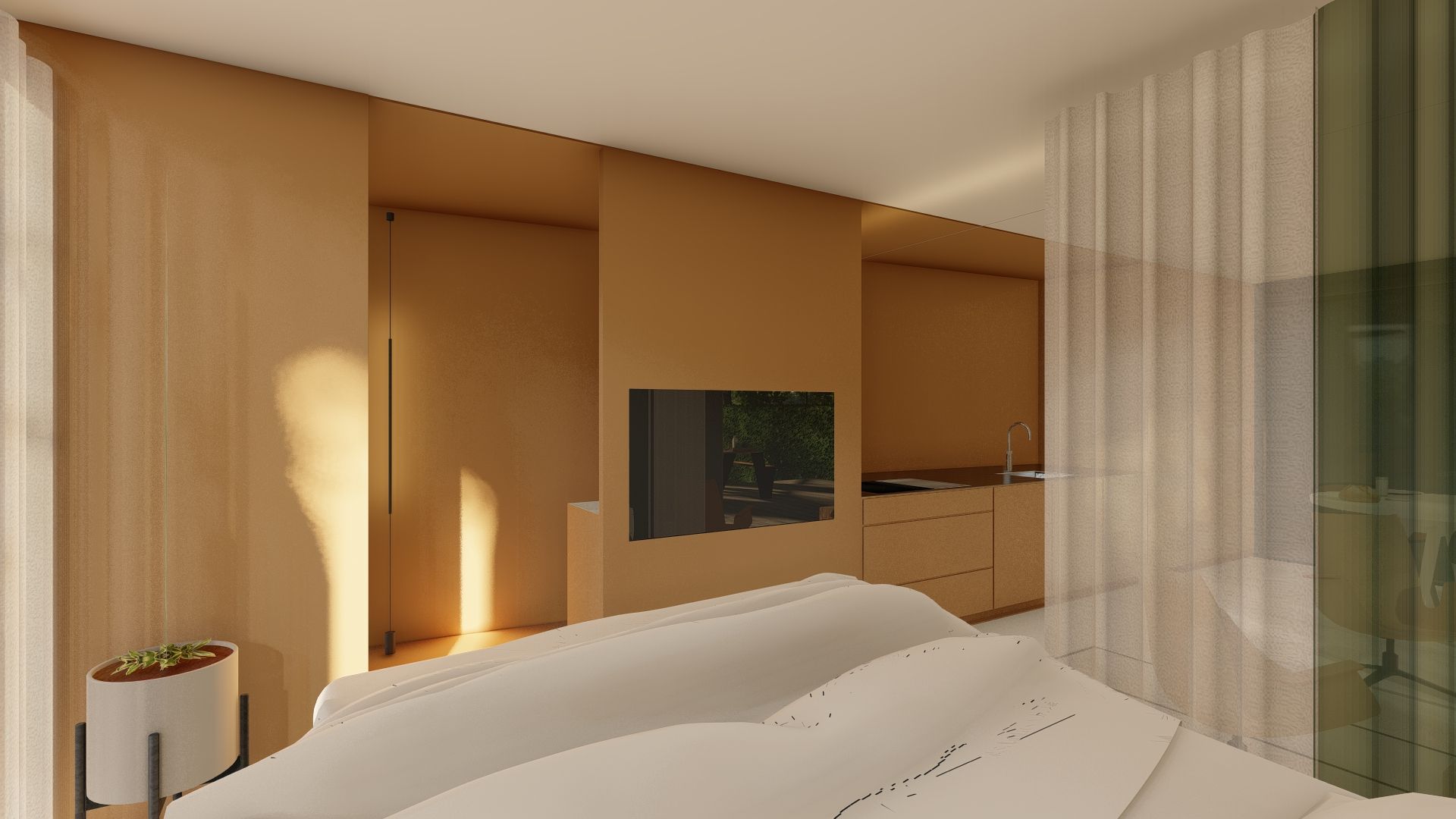 Slaapkamer met bed, tv, ingebouwde kasten en een vitrage. Neutrale tinten.