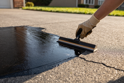 Sealcoating being applied to an asphalt driveway in Winchester, VA with a squeegee tool