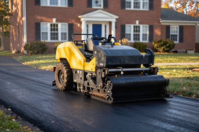Paving machine laying fresh asphalt on a residential driveway in Winchester, Virginia