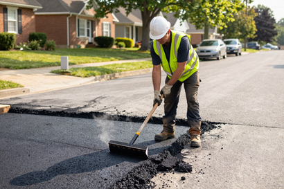 Worker patching a pothole with hot-mix asphalt on a residential street in Winchester, Virginia