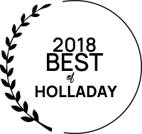 A black and white logo for 2018 best of holladay with a laurel wreath.