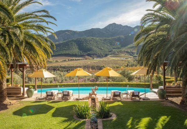 Pool with yellow umbrellas, lounge chairs, and mountain views. Lush green lawn and palm trees.