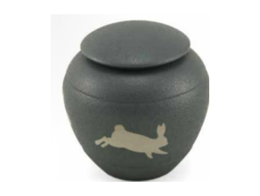Black decorative urn with a rabbit silhouette on the front and a rounded lid
