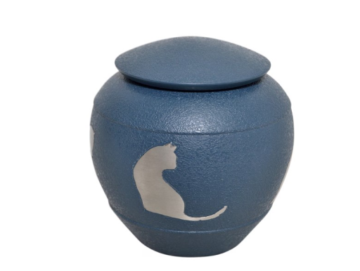 Blue ceramic urn with a lid and white cat silhouette decoration