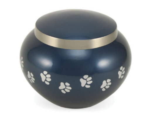 Blue urn with silver rim and white paw prints