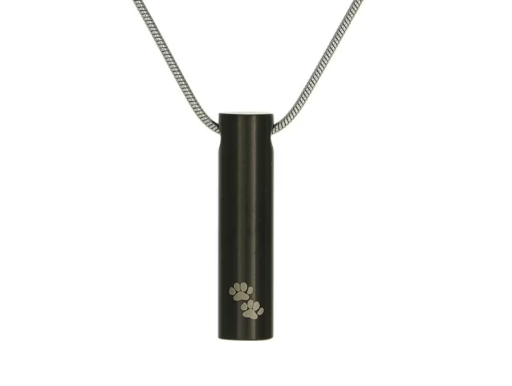 Black cylindrical pendant necklace with a small paw-print detail on a white background