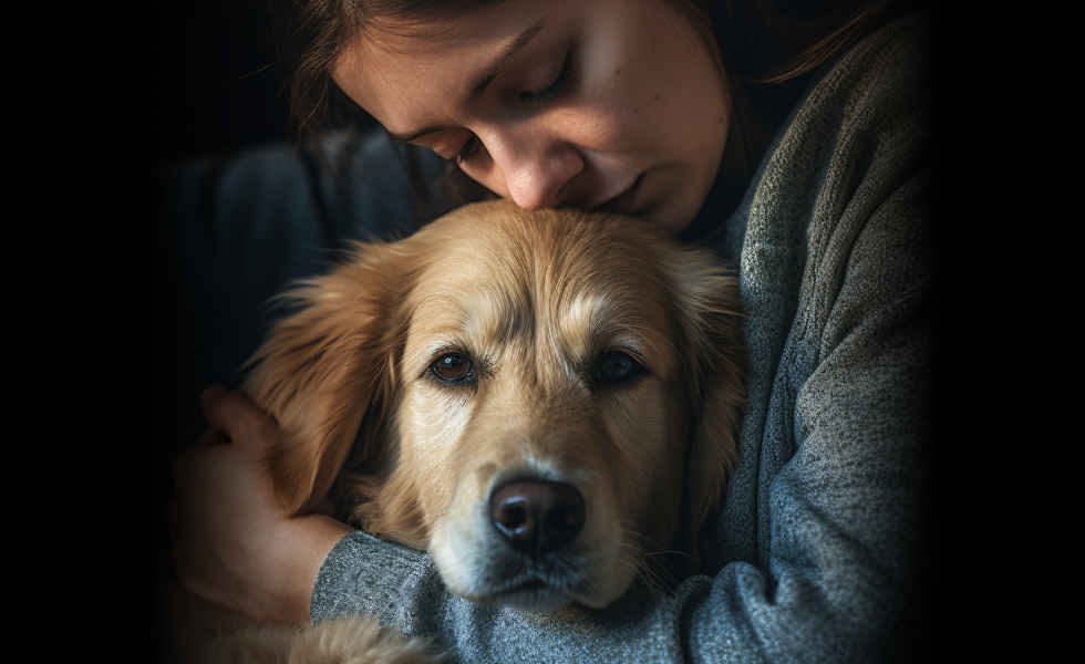 Woman cuddling a golden retriever in a soft, dimly lit close-up