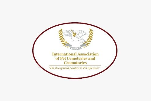 Gold emblem and text for the International Association of Pet Cemeteries and Crematories on a white background