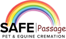 SAFE Passage pet & equine cremation logo with rainbow arc above black and maroon text