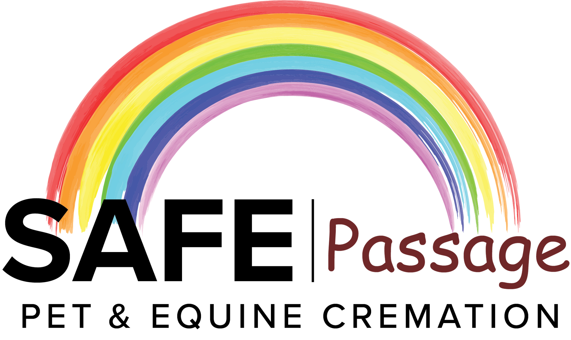 SAFE Passage pet & equine cremation logo with rainbow arc above black and maroon text