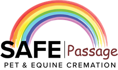 SAFE Passage pet & equine cremation logo with rainbow arc above black and maroon text