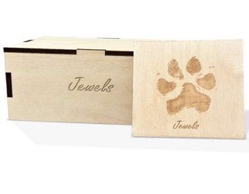 Wooden jewelry box and matching lid with engraved paw print and “Jewels” text